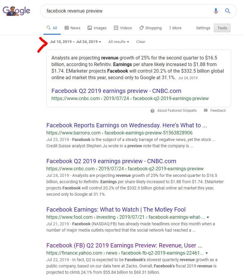 date specific search facebook revenue preview